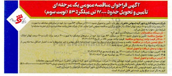 مناقصه تامین و تحویل حدود 17000 تن میلگرد A3 نوبت سوم 