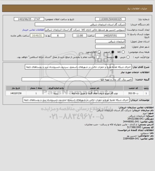 استعلام اجرای شبکه تغذیه توزیع و حفرات خالی در شهرهای باسمنج، سردرود،خسروشاه تبریز و روستاهای تابعه