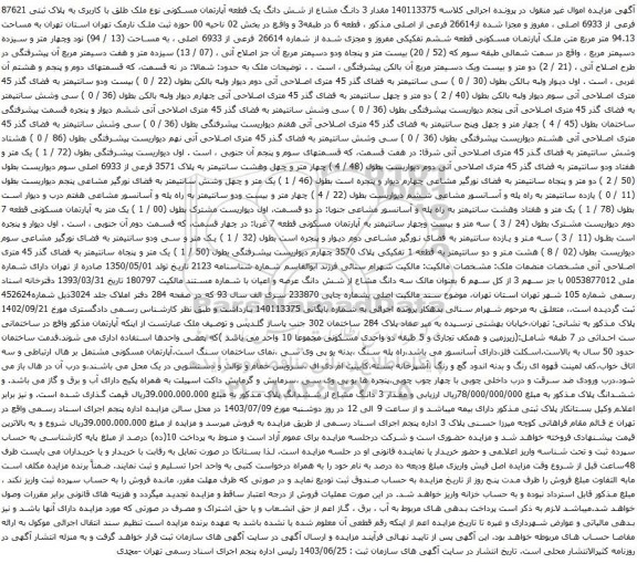 آگهی مزایده مقدار 3 دانگ مشاع از شش دانگ یک قطعه آپارتمان مسکونی نوع ملک طلق با کاربری به پلاک ثبتی 87621 فرعی از 6933 اصلی