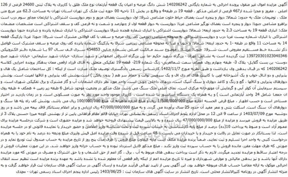 آگهی مزایده  شش دانگ عرصه و اعیان یک قطعه آپارتمان نوع ملک طلق با کاربری به پلاک ثبتی 24600 فرعی از 126 اصلی