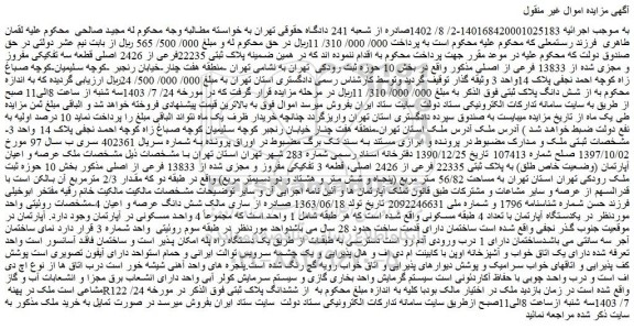 مزایده فروش یکدستگاه آپارتمان با تعداد 4 طبقه مسکونی