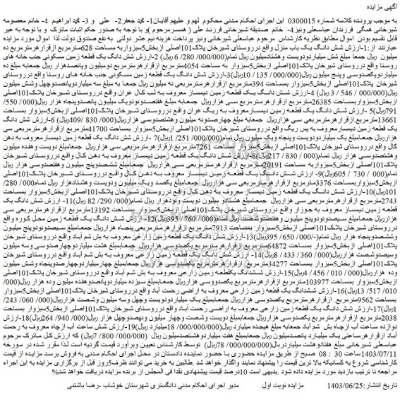 مزایده فروش شش دانگ یک قطعه زمین مسکونی جنب خانه های روستا
