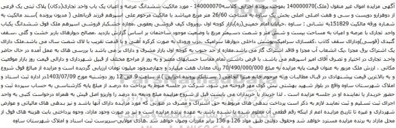 آگهی مزایده  ششدانگ عرصه و اعیان یک باب واحد تجاری(دکان) پلاک ثبتی یک فرعی از دوهزارو دویست و سی و هفت اصلی اصلی بخش یک ساوه به مساحت 26/60 متر مربع