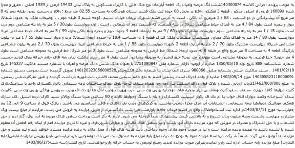 آگهی مزایده ششدانگ عرصه واعیان یک قطعه آپارتمان نوع ملک طلق با کاربری مسکونی به پلاک ثبتی 19433 فرعی از 1939 اصلی