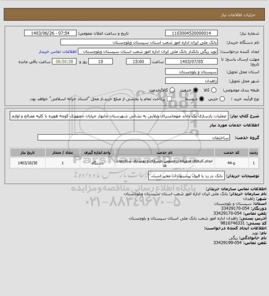 استعلام عملیات بازسازی یک واحد مهمانسرای ویلایی به نشانی شهرستان چابهار خیابان جمهوری کوچه هویزه با کلیه مصالح و لوازم