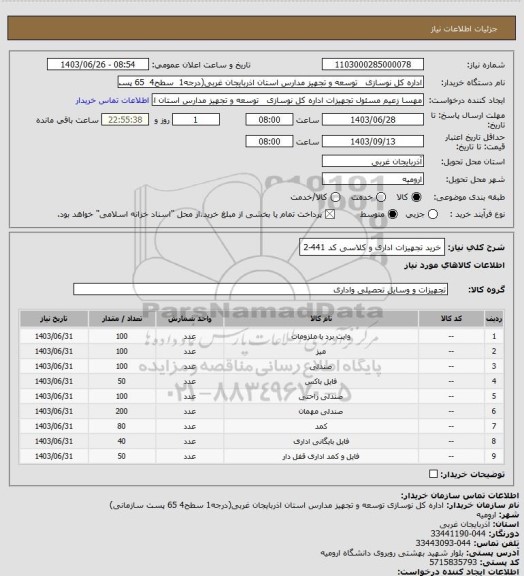 استعلام خرید تجهیزات اداری و کلاسی کد 441-2