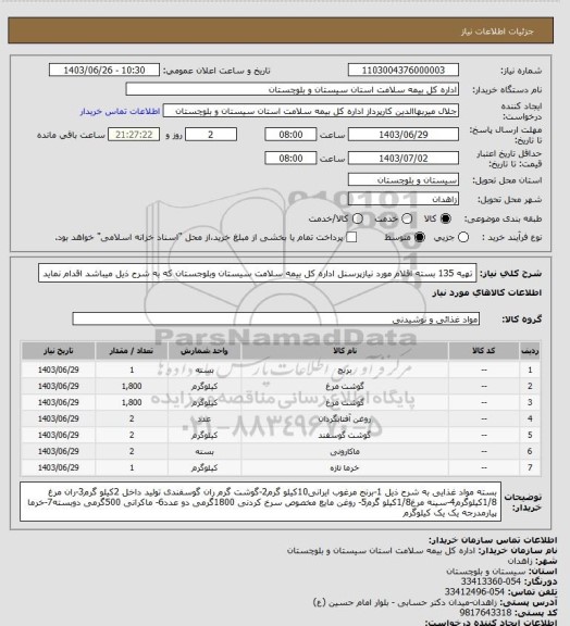 استعلام تهیه 135 بسته اقلام مورد نیازپرسنل اداره کل بیمه سلامت سیستان وبلوجستان که به شرح ذیل میباشد اقدام نماید