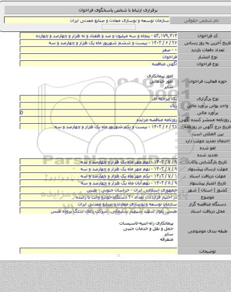 مناقصه, در اختیار قراردادن تعداد ۲۰ دستگاه خودرو وانت با راننده