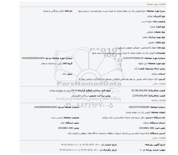 مزایده، فروش یک باب مغازه تجاری به میزان بیست مترو هشتاد دسیمتر مربع