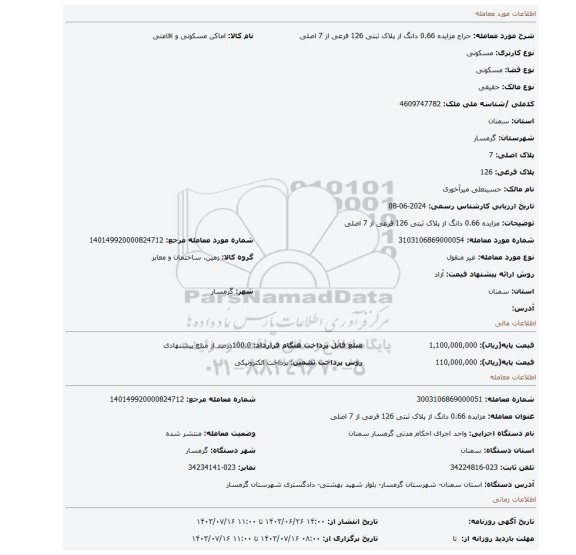 مزایده، مزایده 0.66 دانگ از پلاک ثبتی 126 فرعی از 7 اصلی