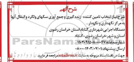 آگهی  انتخاب تامین کننده زنده گیری و جمع آوری سگهای ولگرد