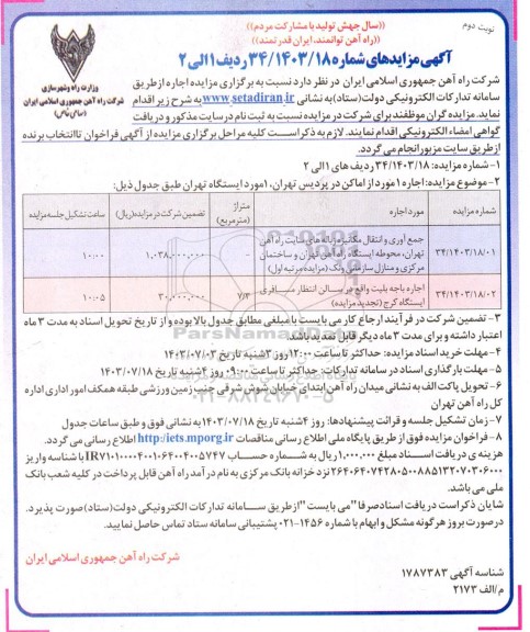 مزایده اجاره 1 مورد اماکن در پردیس.... - نوبت دوم