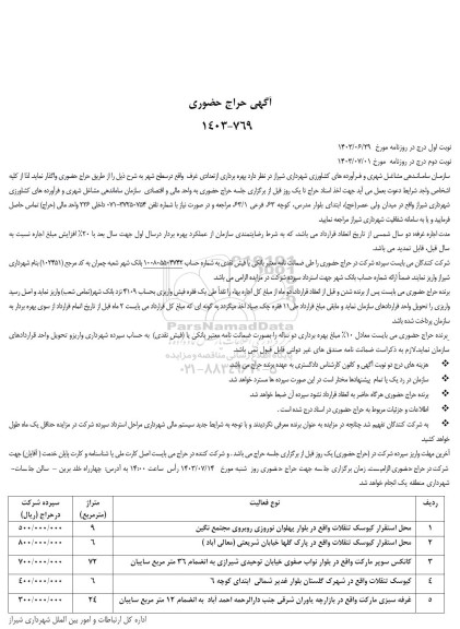 حراج حضوری بهره برداری از تعدادی غرف