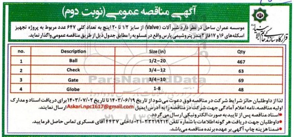 مناقصه شیرآلات (Valve) از سایز 1/2 تا 20 اینچ - نوبت دوم
