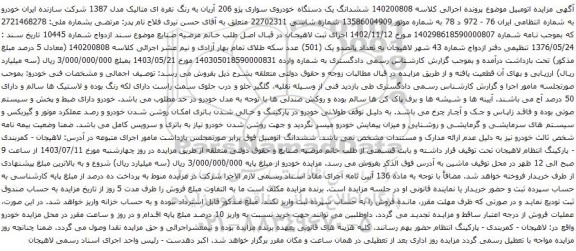 آگهی مزایده ششدانگ یک دستگاه خودروی سواری پژو 206 آریان