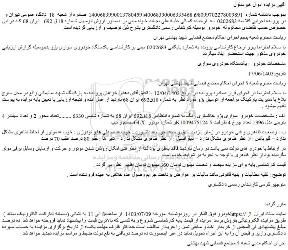 مزایده فروش خودرو سواری پژو خاکستری رنگ