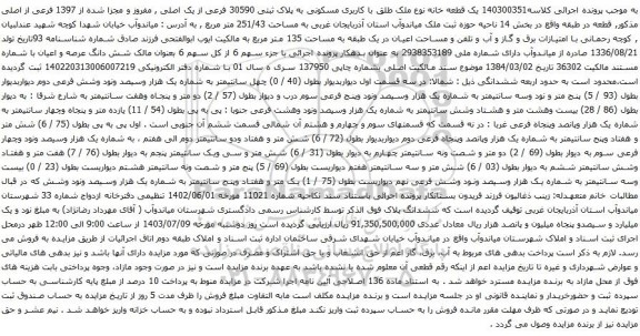آگهی مزایده یک قطعه خانه نوع ملک طلق با کاربری مسکونی به پلاک ثبتی 30590 فرعی از یک اصلی , مفروز و مجزا شده از 1397 فرعی از اصلی