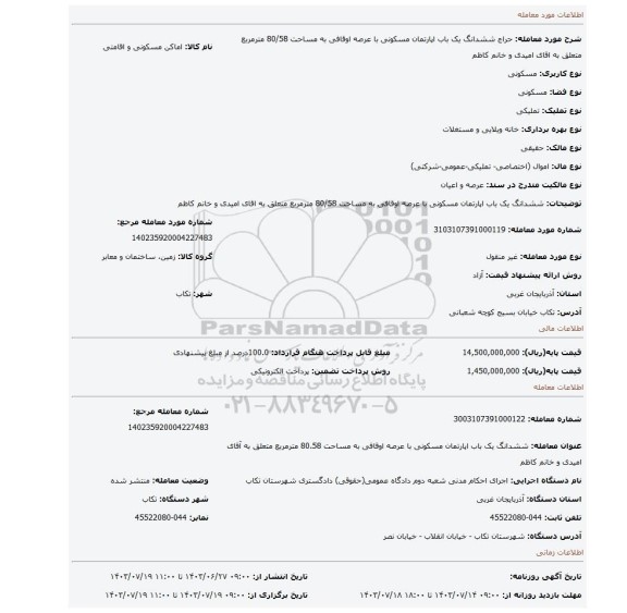 مزایده، ششدانگ یک باب اپارتمان مسکونی با عرصه اوقافی به مساحت 80/58 مترمربع متعلق به اقای امیدی و خانم کاظم