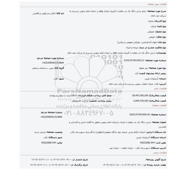 مزایده، شش دانگ یک باب مغازه با کاربری تجاری واقع در خیابان امام جنوبی نرسیده به شرکت نفت اغال