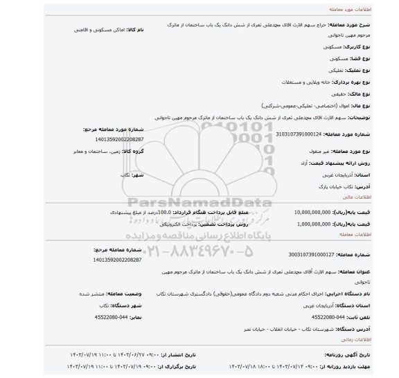 مزایده، سهم الارث اقای محمدعلی ثمری از شش دانک یک باب ساختمان از ماترک مرحوم مهین تاجوانی