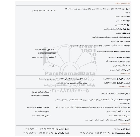 مزایده، شش دانگ یک قطعه زمین واقع در بلوار نسرین پور با مساحت59 مترمربع