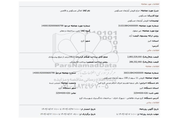 مزایده، فروش آپارتمان مسکونی