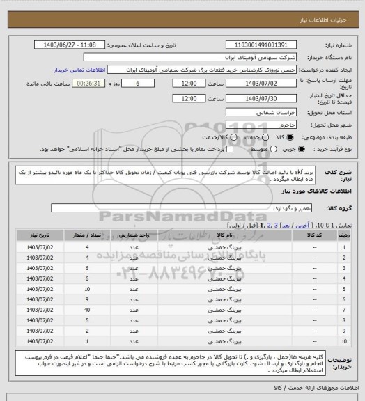 استعلام برند skf  با تائید اصالت کالا توسط شرکت بازرسی فنی پویان کیفیت / زمان تحویل کالا حداکثر تا یک ماه مورد تائیدو بیشتر از یک ماه  ابطال میگردد .
