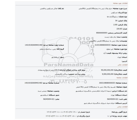 مزایده، پلاک ثبتی به شماره1195فرعی از54اصلی
