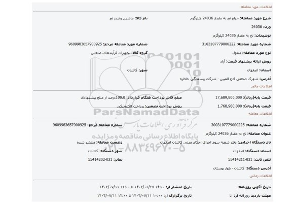 مزایده، نخ به مقدار 24036 کیلوگرم