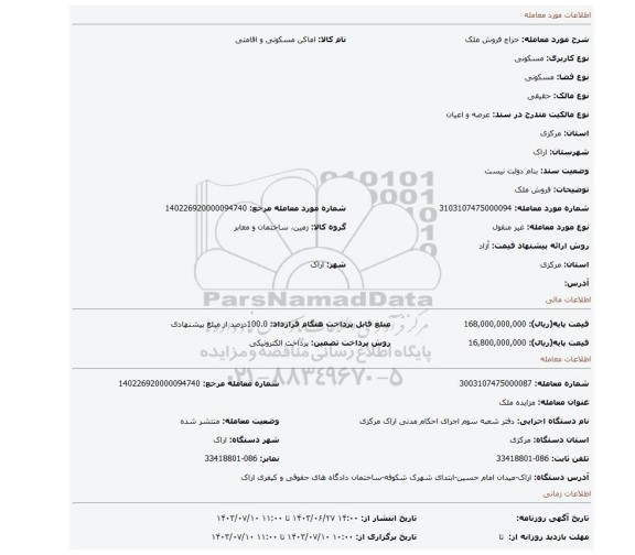مزایده، فروش ملک