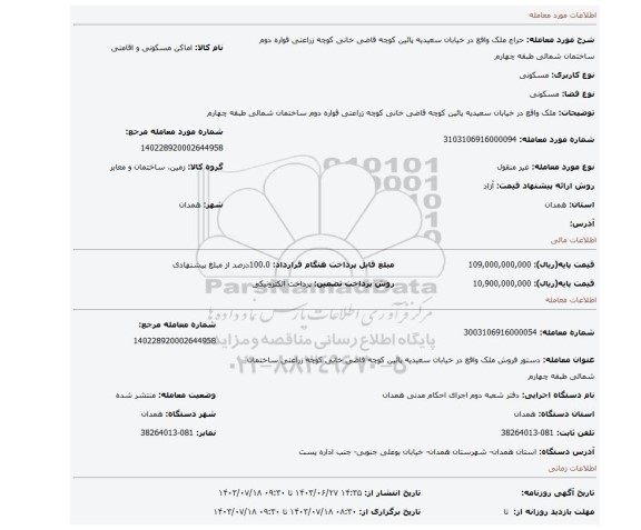 مزایده، ملک واقع در خیابان سعیدیه پائین کوچه قاضی خانی کوچه زراعتی قواره دوم ساختمان شمالی طبقه چهارم