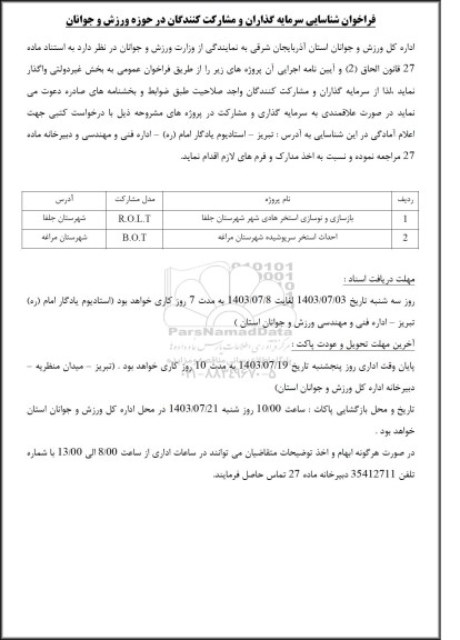 فراخوان شناسایی سرمایه گذاران و مشارکت کنندگان در حوزه ورزش و جوانان...
