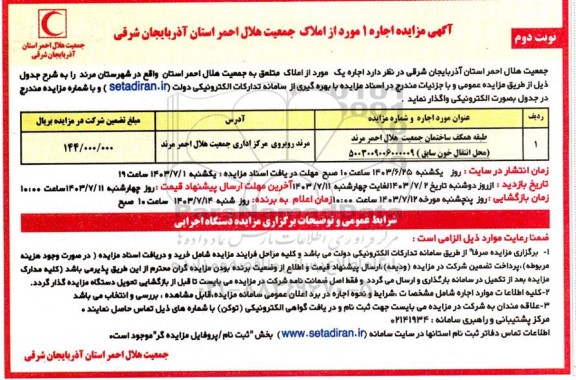  مزایده اجاره 1 مورد از املاک طبقه همکف ساختمان - نوبت دوم 