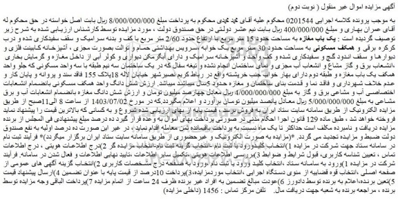 مزایده فروش یک باب مغازه به مساحت حدود 15 متر مربع با ارتفاع حدود 2/60 متر مربع