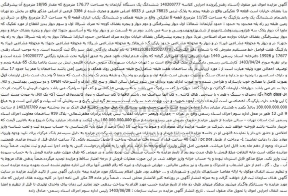 آگهی مزایده ششدانگ یک دستگاه آپارتمان به مساحت 176.77 مترمربع که مقدار 18/95 مترمربع