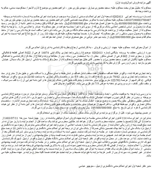 مزایده فروش واحد تجاری  پلاک ثبتی  14074  فرعی از 5422 اصلی  قطعه 8 تفکیکی مفروز و مجزی شده از 662 فرعی از اصلی