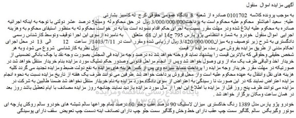 مزایده فروش خودرو پژو پارس مدل 1389 رنگ خاکستری