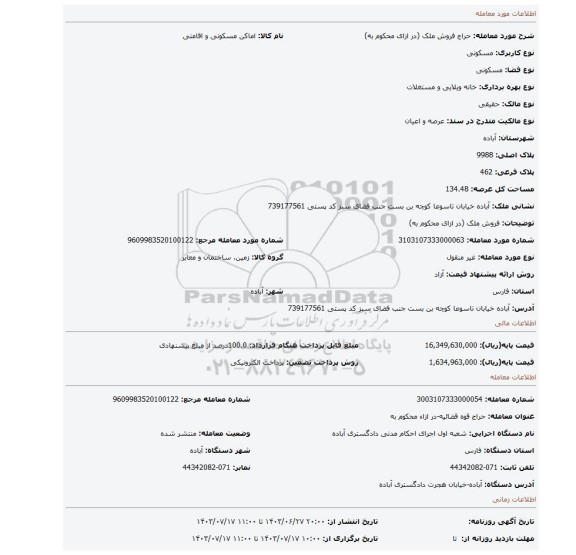مزایده، فروش ملک (در ازای محکوم به)