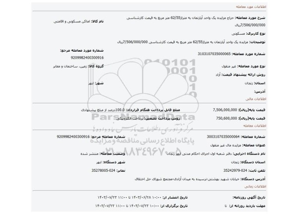 مزایده، مزایده یک واحد آپارتمان به متراژ62/55 متر مربع به قیمت کارشناسی 7/506/000/000ریال