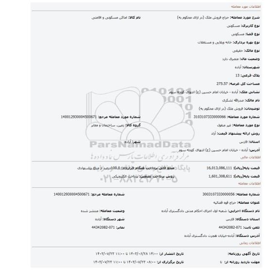 مزایده، فروش ملک (در ازای محکوم به)