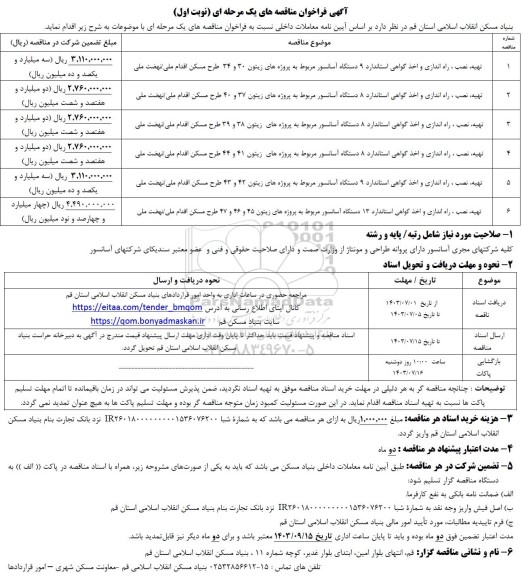 مناقصه تهیه نصب ، راه اندازی و اخذ گواهی استاندارد 9 دستگاه آسانسور