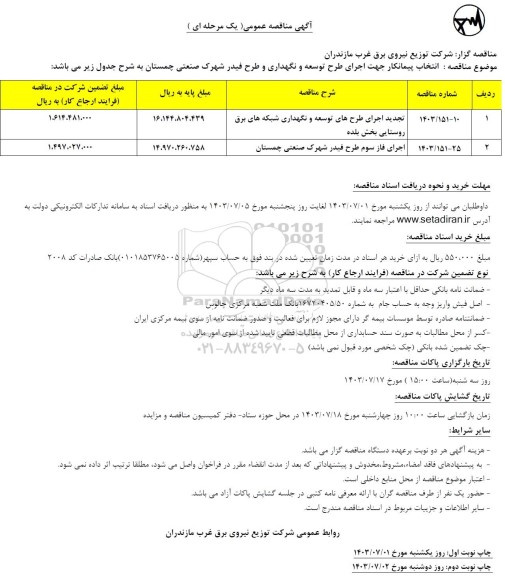 مناقصه انتخاب پیمانکار جهت اجرای طرح توسعه و نگهداری و طرح فیدر شهرک صنعتی 