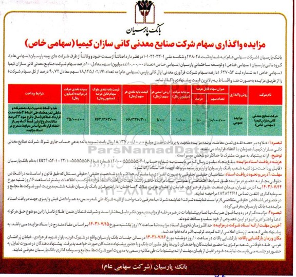 مزایده واگذاری سهام شرکت صنایع معدنی کانی سازان کیمیا (سهامی خاص)