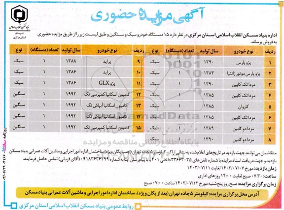 مزایده حضوری 15 دستگاه خودرو سبک و سنگین