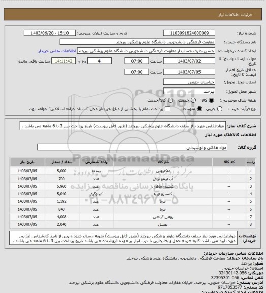 استعلام موادغذایی مورد نیاز سلف دانشگاه علوم پزشکی بیرجند (طبق فایل پیوست)
تاریخ پرداخت بین 3 تا 6 ماهه می باشد .