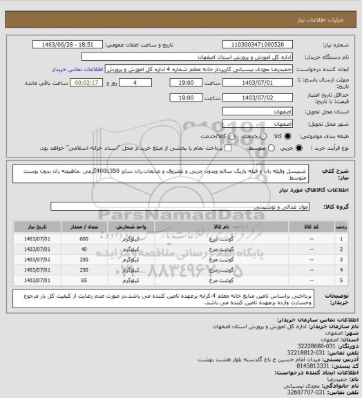 استعلام شنیسل وفیله ران و فیله باریک سالم وبدون چربی و غضروف و ضایعات.ران سایز 350تا400گرمی .ماهیچه ران بدون پوست متوسط