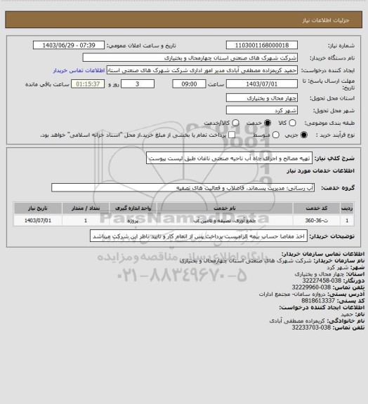 استعلام  تهیه مصالح و اجرای چاه آب ناحیه صنعتی ناغان طبق لیست پیوست