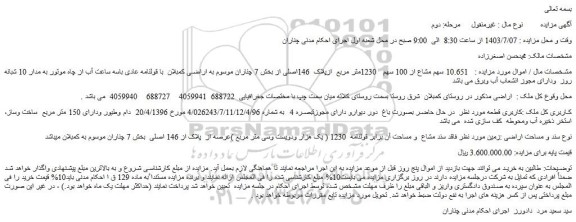 مزایده فروش  10.651 سهم مشاع از 100 سهم   1230متر مربع  ازپلاک  146اصلی و...