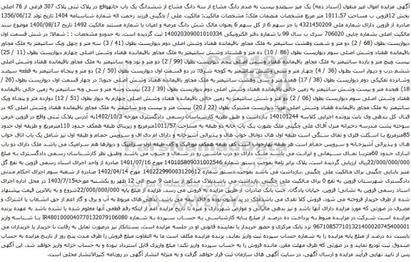 آگهی مزایده یک میز سیصدو بیست نه صدم دانگ مشاع از سه دانگ مشاع از ششدانگ یک باب خانهواقع در پلاک ثبتی پلاک 307 فرعی از 76 اصلی