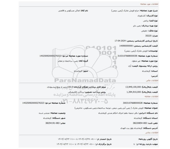 مزایده، فروش ماترک (زمین دیمی)